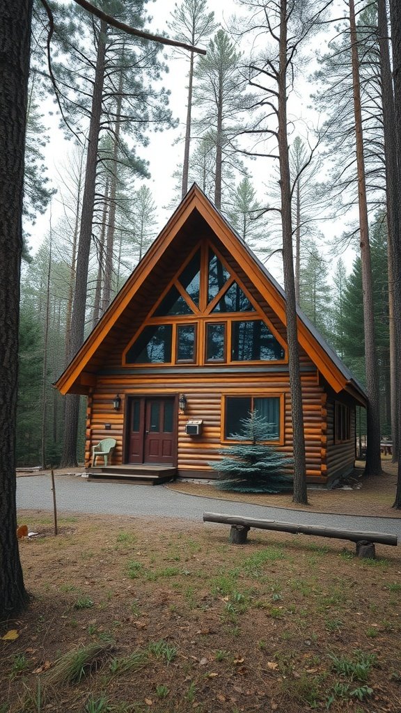 A-frame house surrounded by tall trees in a forest setting