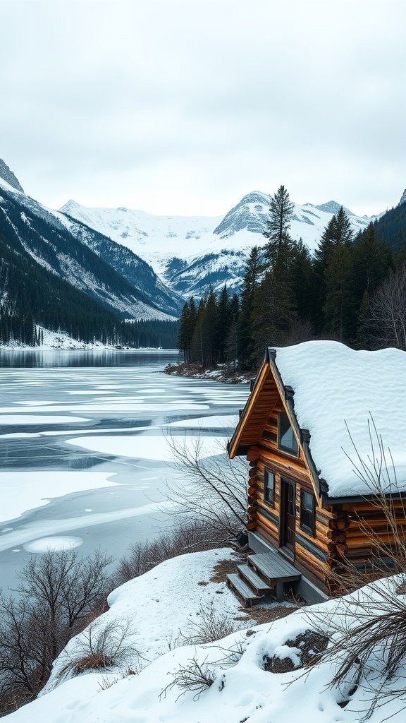 A cozy log cabin by a frozen lake, surrounded by snow-covered mountains and trees.