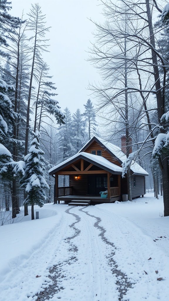 A cozy cabin in the snowy White Mountains, surrounded by tall trees.