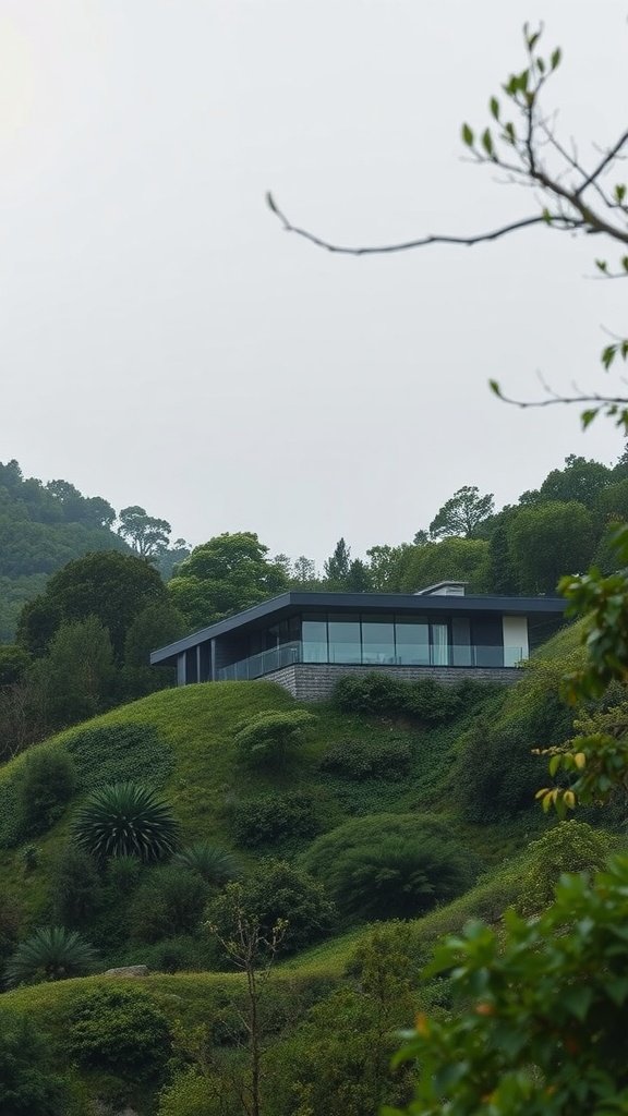 A modern mansion perched on a hillside, surrounded by lush greenery and trees.