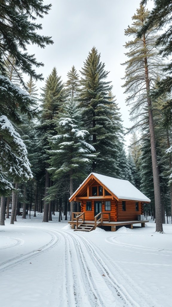 A cozy woodland cabin surrounded by snow-covered trees