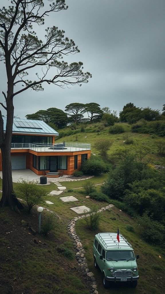 A modern house built into a hillside with a stone pathway and a vintage van parked nearby