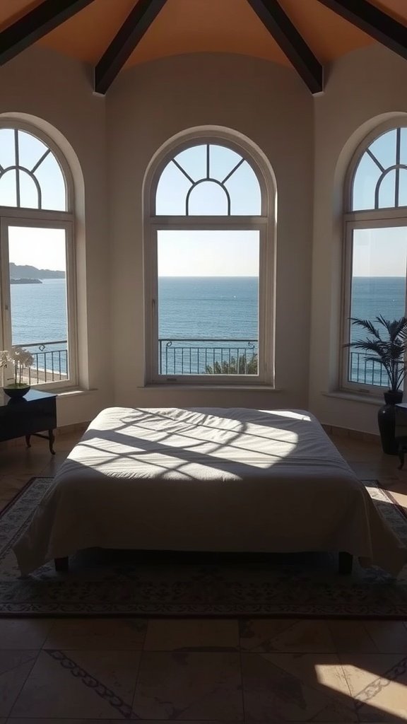 A serene bedroom with large windows offering an ocean view and a simple white bed