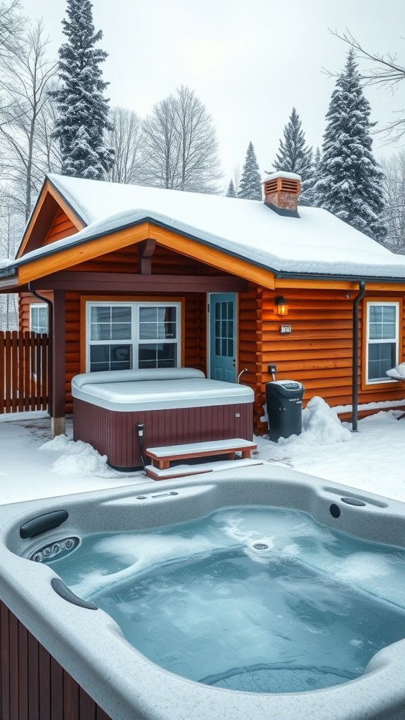 A cozy wooden cabin with a hot tub in the snow