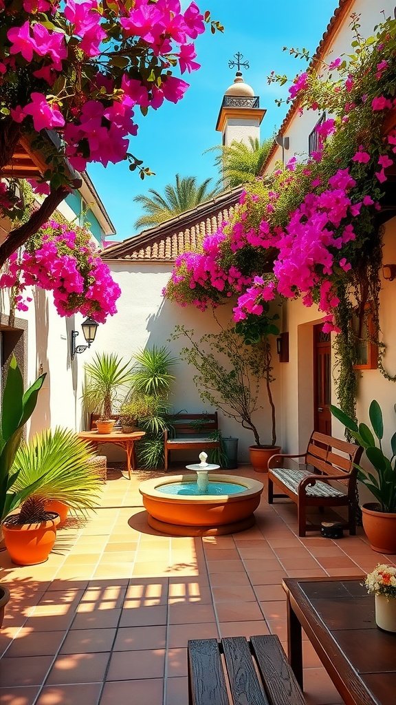 A beautiful courtyard adorned with vibrant bougainvillea, featuring a small fountain and cozy wooden benches under a clear blue sky.