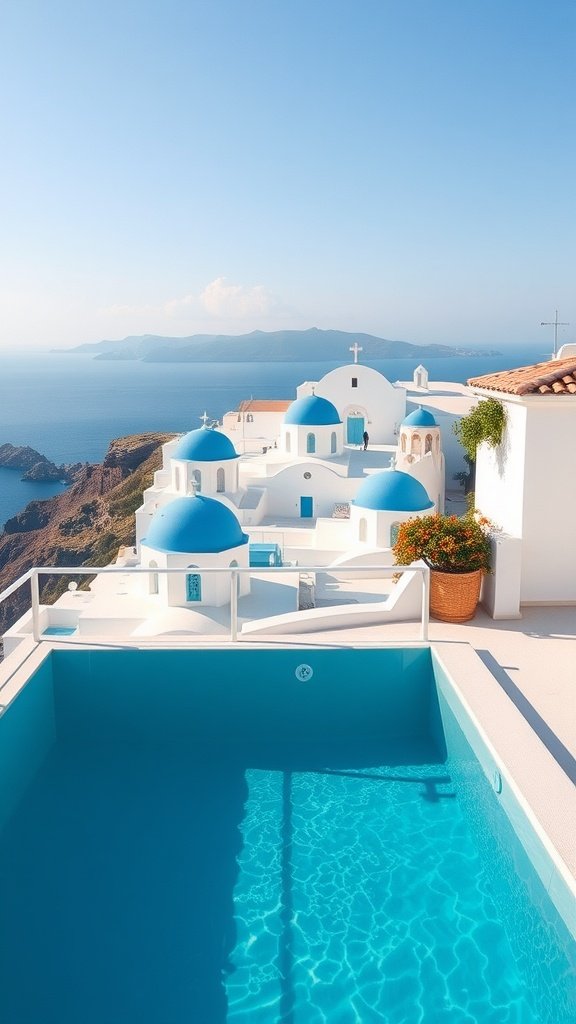 A serene Santorini penthouse with a private pool and blue domed buildings in the background.