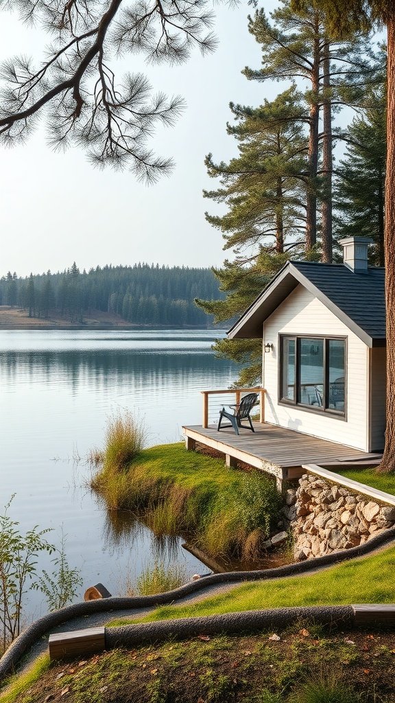 A lakeside cottage surrounded by trees, featuring a deck and a serene view of the water.
