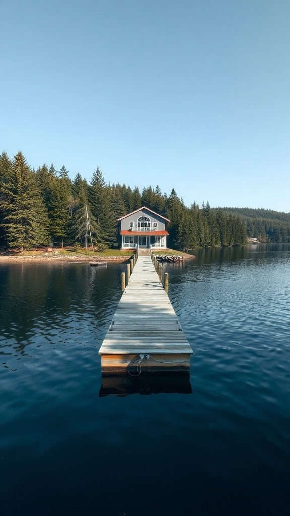 A peaceful lakeside house with a wooden dock extending into calm water, surrounded by trees.