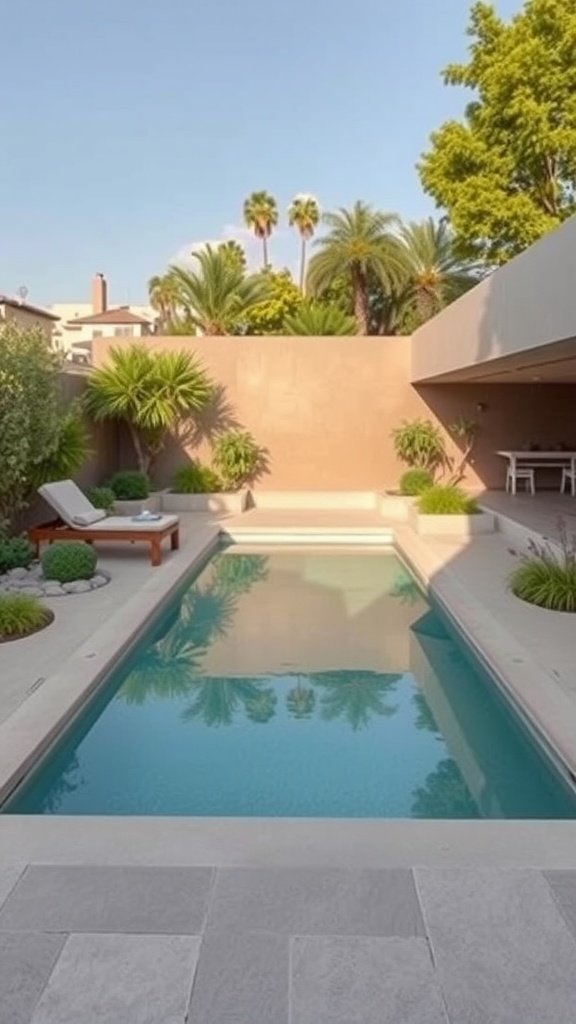 A tranquil pool surrounded by greenery in a modern Zen garden.