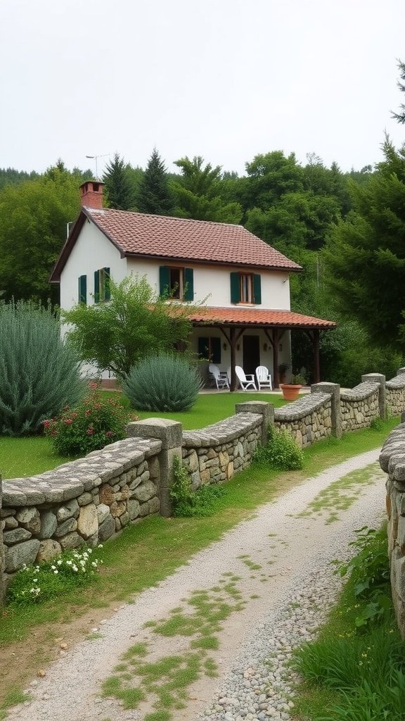 A serene rural home in Galicia, featuring a white façade, terracotta roof, green shutters, and surrounded by lush greenery.