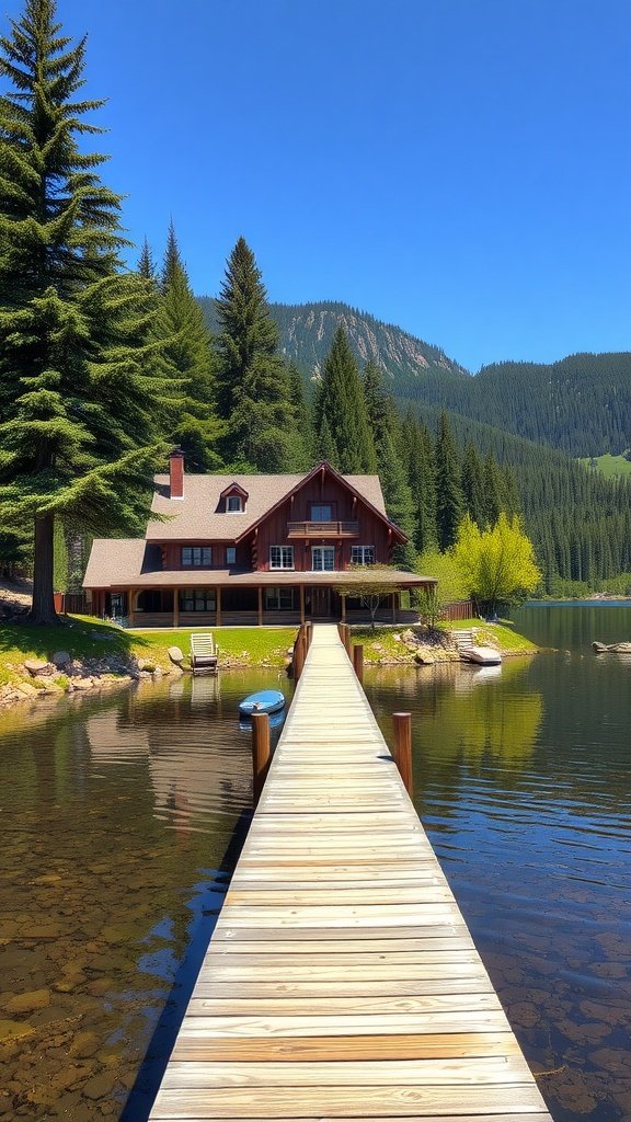 A rustic mountain house by a serene lake, featuring a wooden dock and lush greenery.
