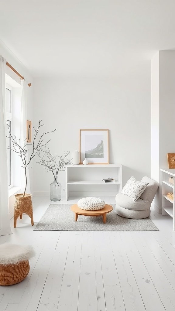 A bright, minimalist living space featuring white walls, light wood furniture, and natural decor elements.