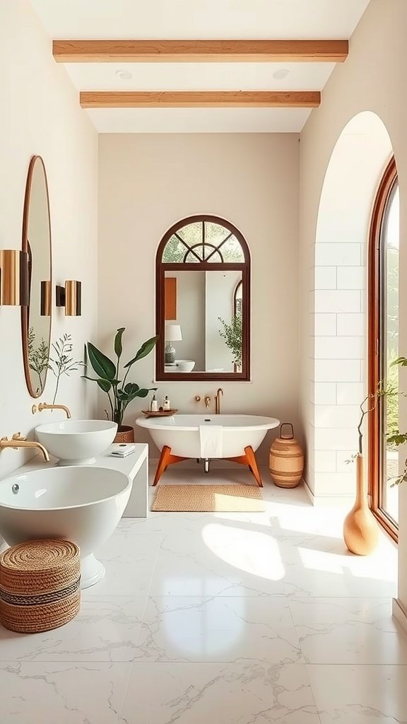 A serene bathroom featuring a freestanding bathtub, modern sinks, and natural light.