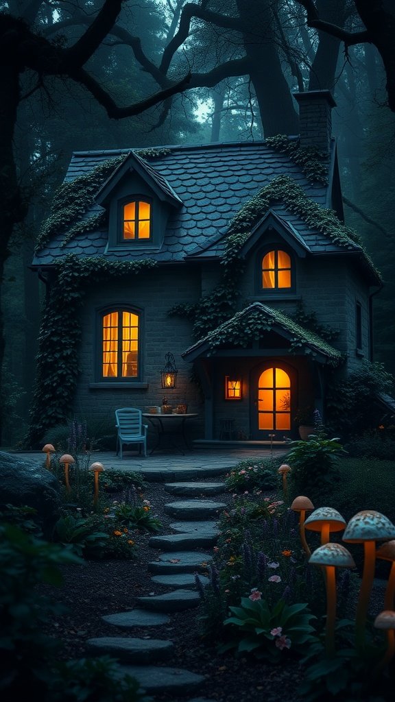 A charming stone cottage illuminated by warm lights, surrounded by trees and a colorful garden.
