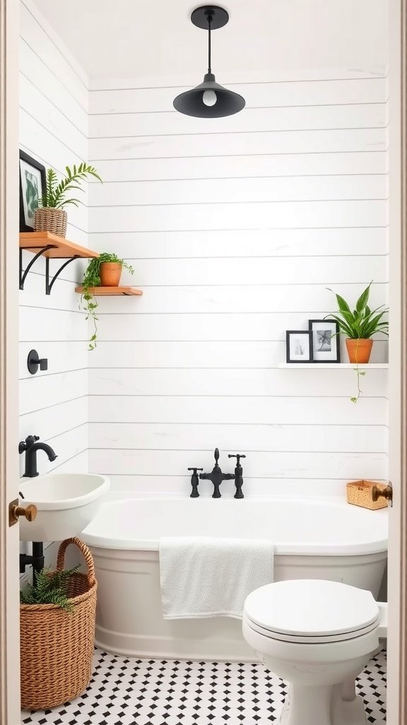 A cozy farmhouse bathroom featuring white shiplap walls, black accents, and plants.