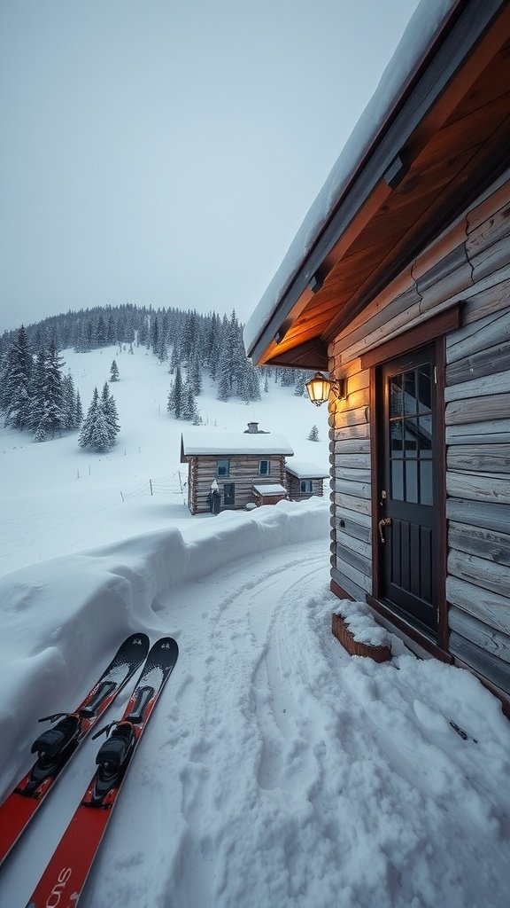 A cozy ski-in/ski-out cabin with skis resting outside, surrounded by snow-covered landscape.