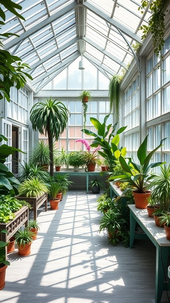 A beautiful sky-high greenhouse filled with various plants and bright sunlight.
