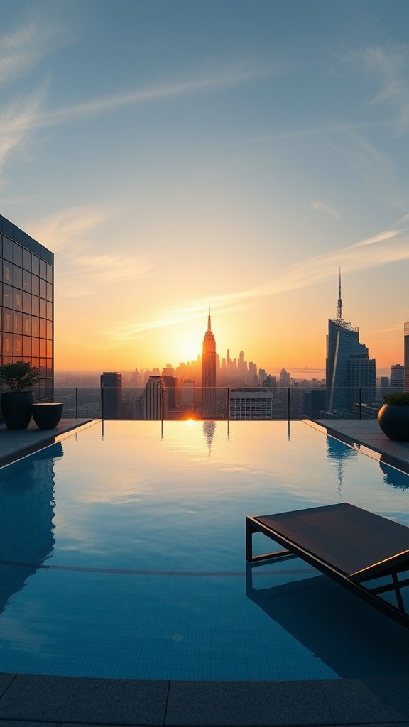 A luxurious penthouse pool with a sunset view of the Manhattan skyline, featuring the Empire State Building.