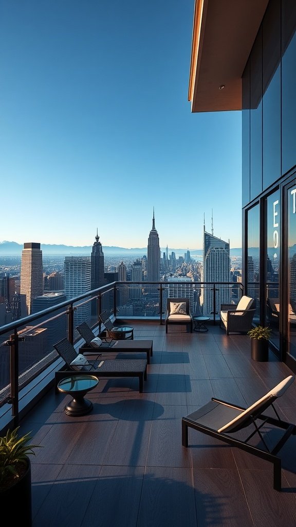 A modern penthouse terrace overlooking the NYC skyline with lounge chairs and a glass railing.