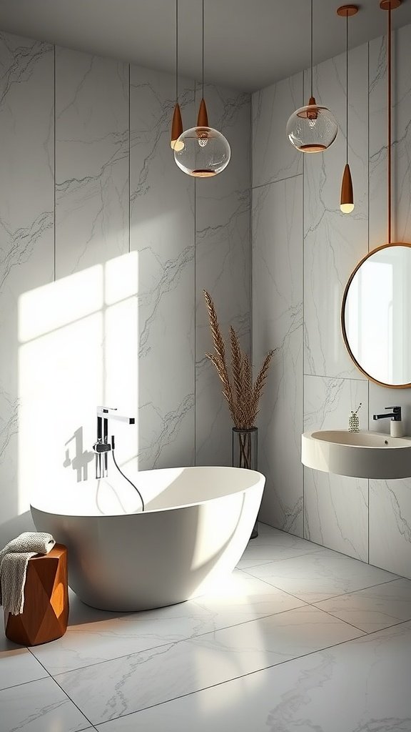 A modern bathroom featuring a freestanding tub, marble walls, pendant lighting, and a stylish sink.