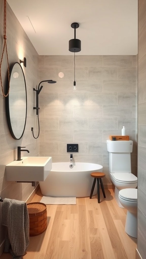 A sleek, modern bathroom featuring a freestanding tub, minimalist fixtures, and warm wood accents.