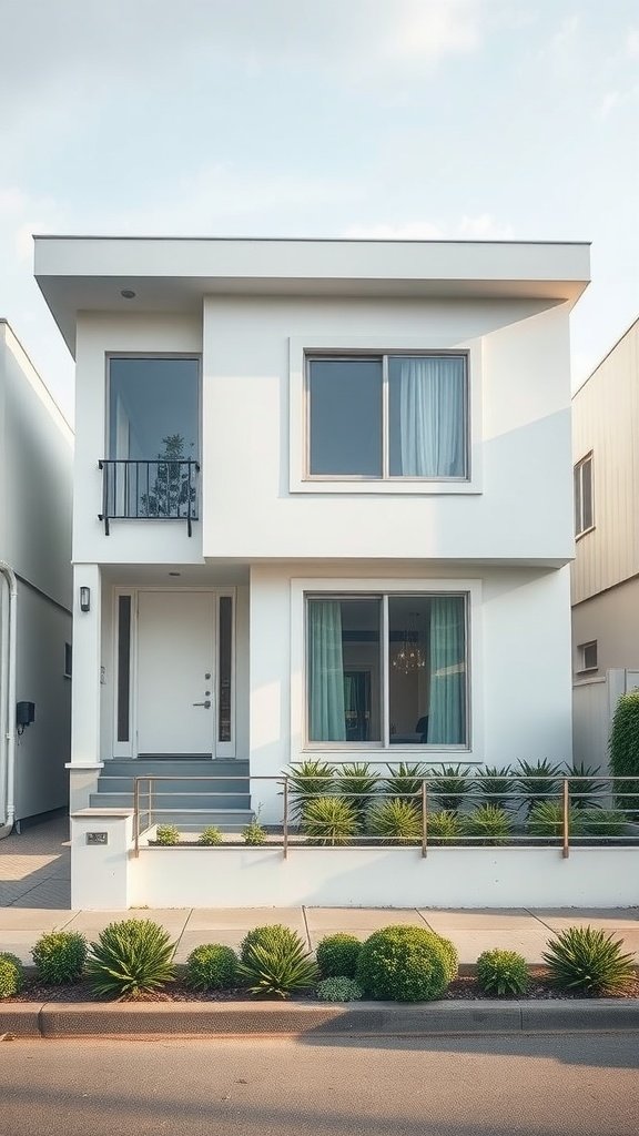 A modern white exterior home with sleek lines and minimalistic design, featuring large windows and simple landscaping.