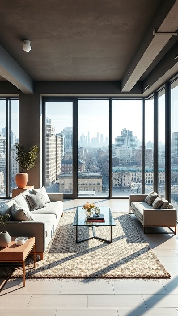 Modern loft interior with large windows showcasing city skyline views