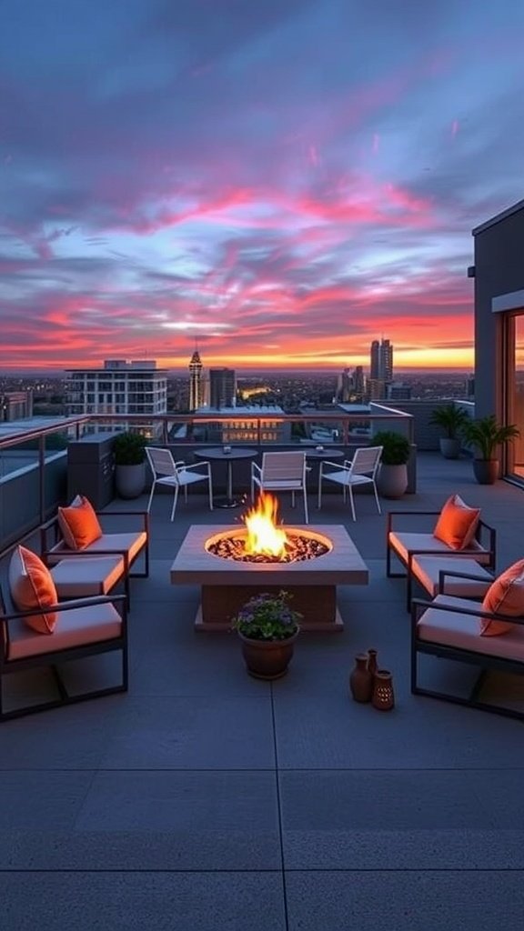 A sleek fire pit lounge area with cozy chairs and a vibrant sunset backdrop.
