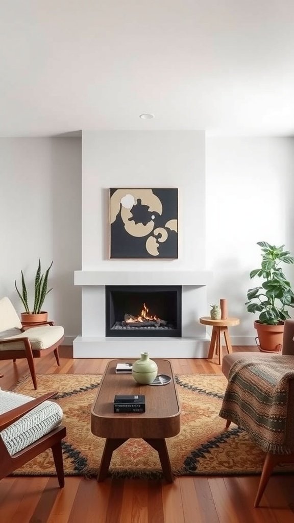 A cozy mid-century modern living space featuring a sleek fireplace, stylish furniture, and decorative plants.