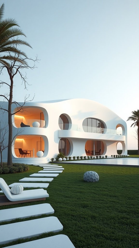 A modern white exterior home with rounded shapes and large windows, surrounded by green grass and palm trees.
