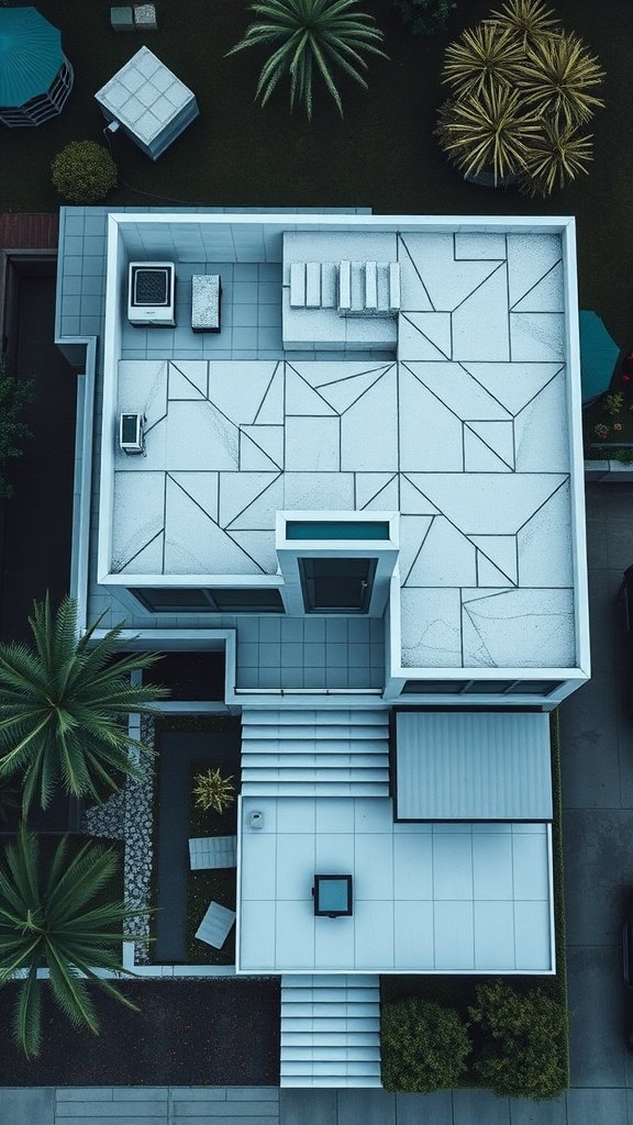An aerial view of a modern house featuring geometric shapes and surrounded by greenery.