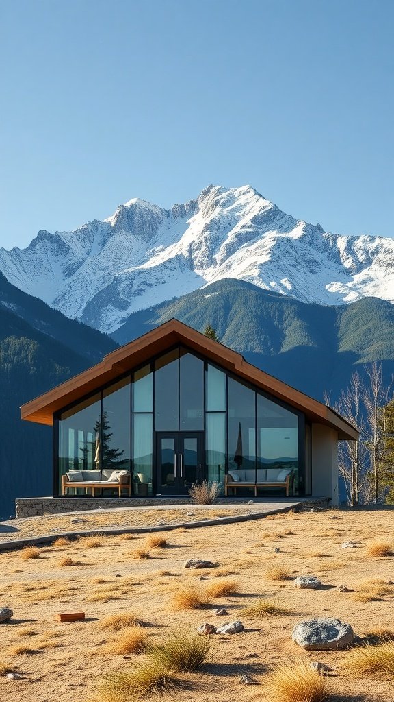 A modern mountain home with a glass facade in front of snow-capped mountains