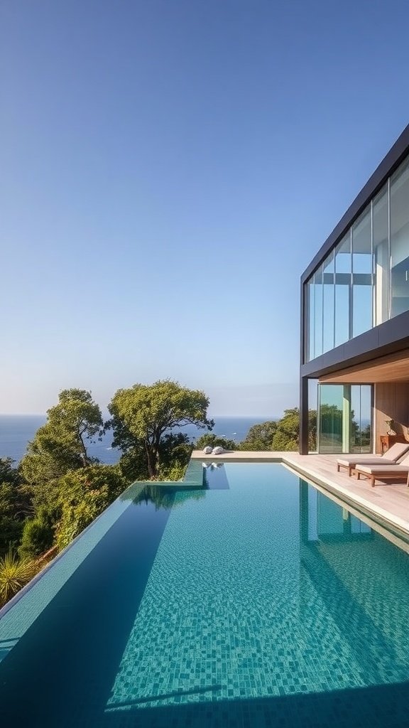A sleek glass house overlooking an infinity pool with a view of the ocean and surrounding trees.