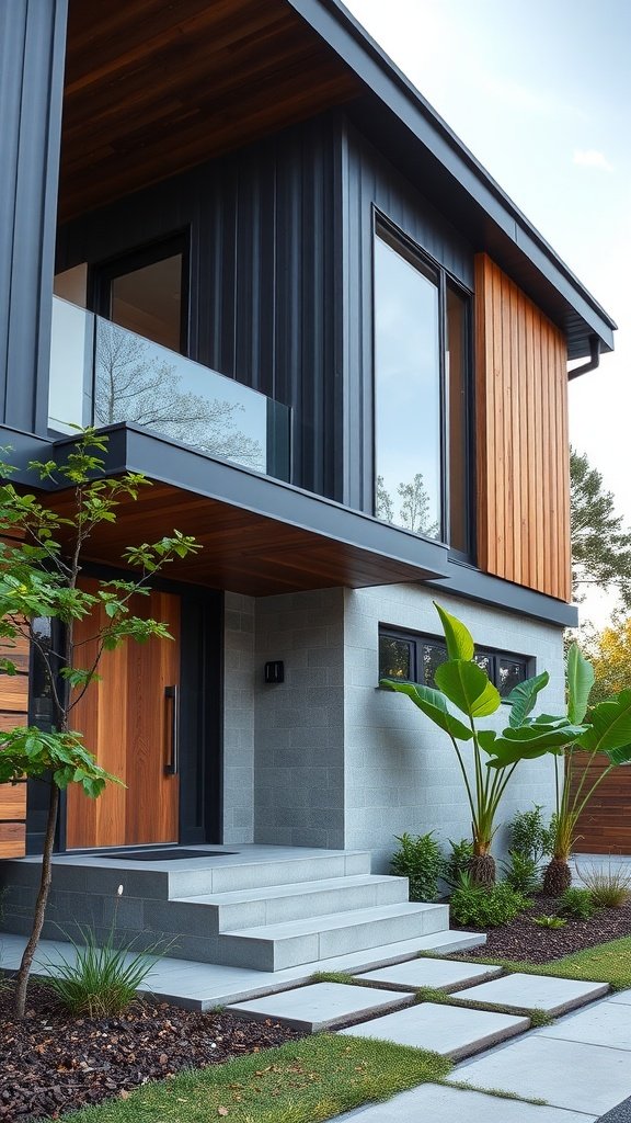 Modern house showcasing sleek industrial facade with natural wood and landscaping elements