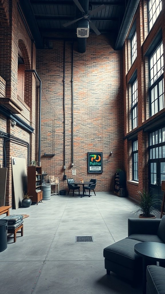 Interior of a sleek industrial loft featuring exposed brick walls, large windows, and modern furniture