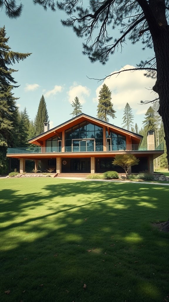 A mid-century modern cabin with large windows and a striking roof, set in a green landscape