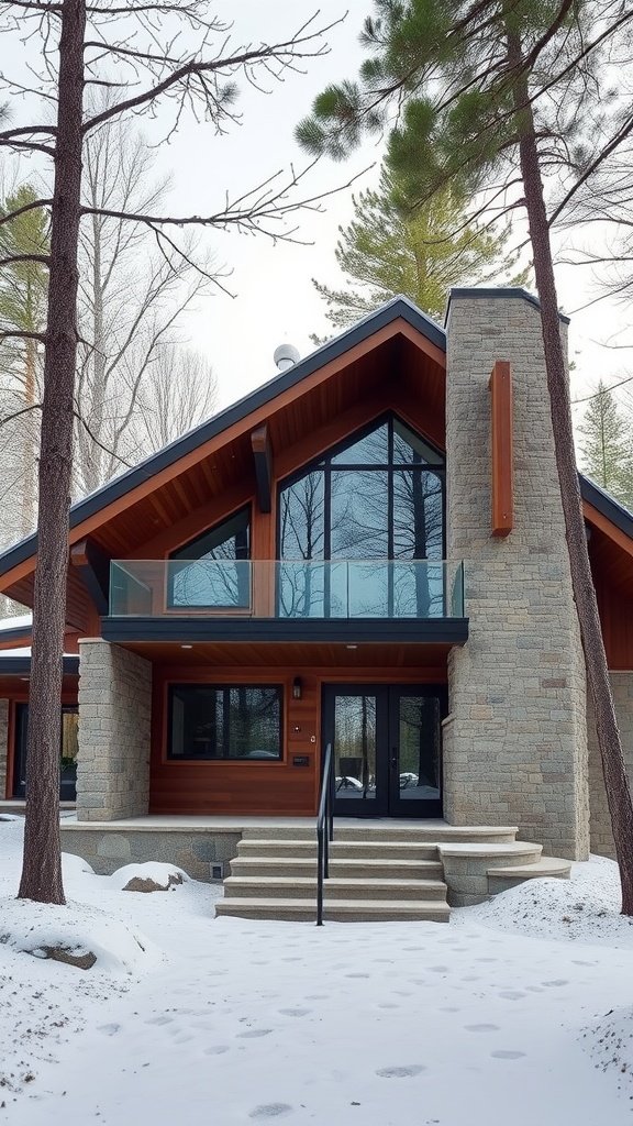 A mid-century modern cabin featuring sleek lines, large glass windows, and a combination of wood and stone materials, set in a snowy landscape.