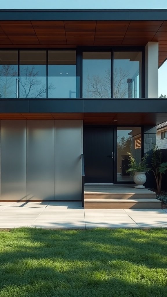 Modern house exterior with sleek metal finishes, wooden accents, and lush greenery
