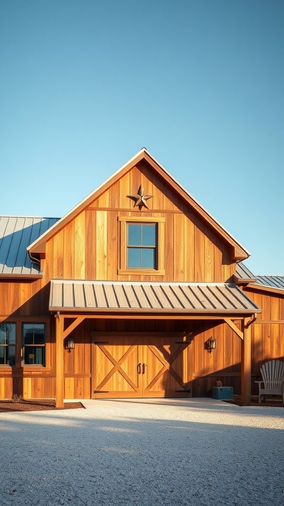 A modern barn house showcasing a sleek metal roof and traditional wood siding under a clear blue sky.
