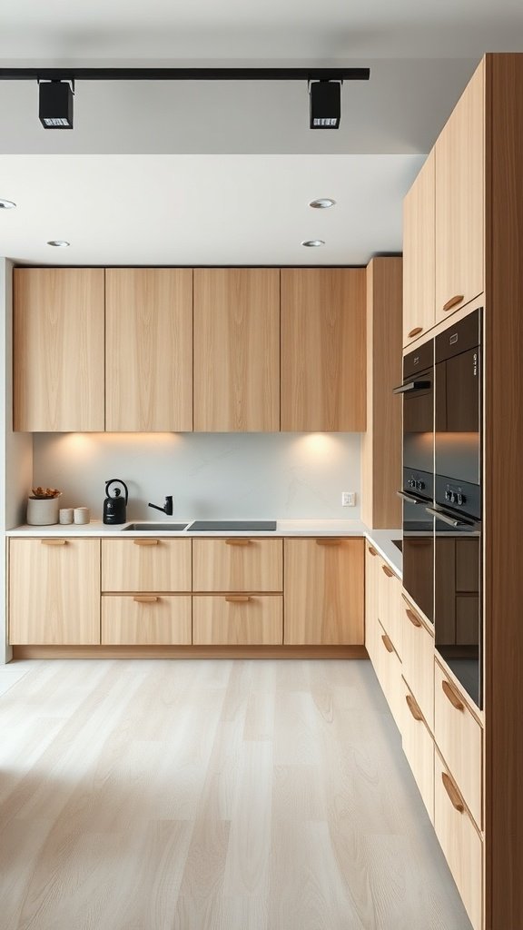 Modern loft kitchen featuring minimalist wood cabinetry and black appliances