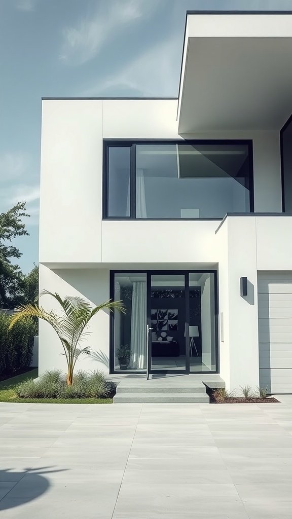 A modern house with a sleek white facade, large windows, and a minimalist entrance, featuring a palm plant and stone steps.
