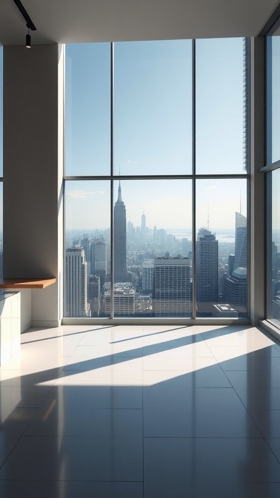 A modern minimalist penthouse with large windows showcasing city views.