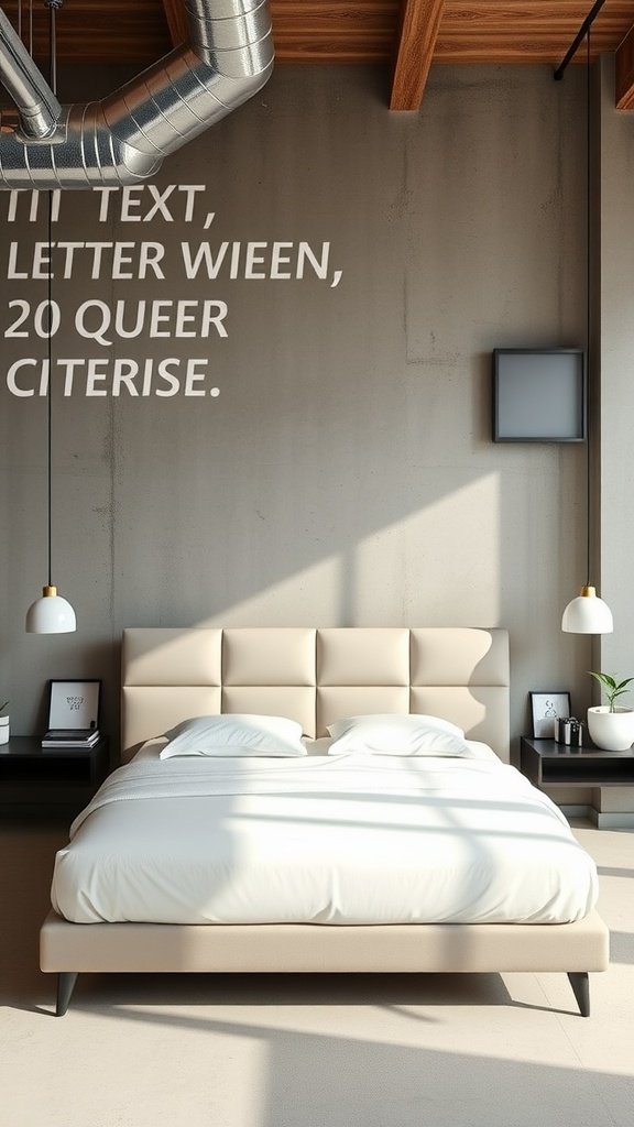 Modern loft queen bed with geometric headboard, beige fabric, black nightstands, and industrial decor elements.