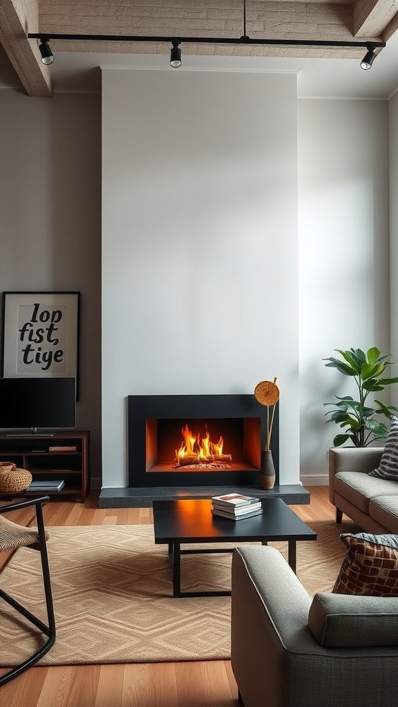 A modern living room featuring a sleek fireplace with flames, minimalist furniture, and a cozy atmosphere