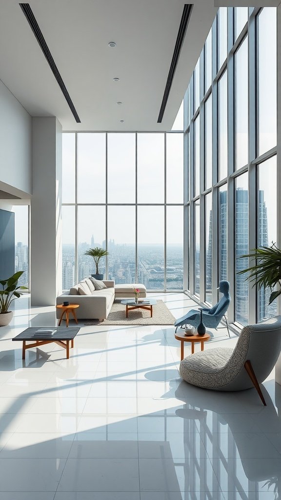 Interior of a sleek modern penthouse with large glass windows, minimal furniture, and a panoramic view.