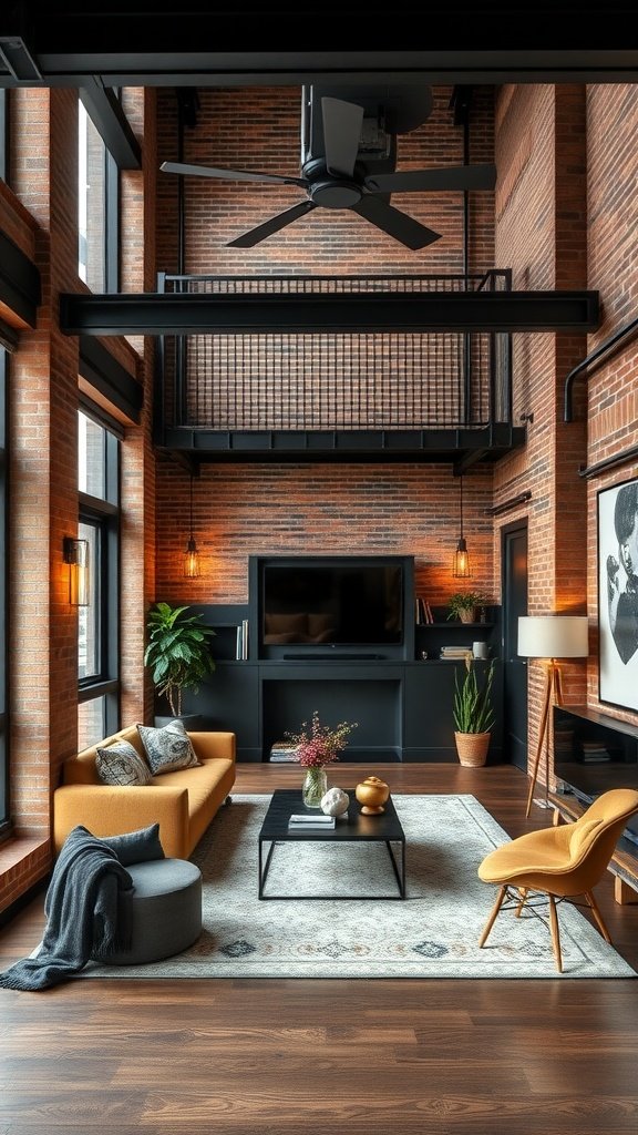Stylish urban loft featuring exposed brick walls, warm furnishings, and a spacious layout with large windows.