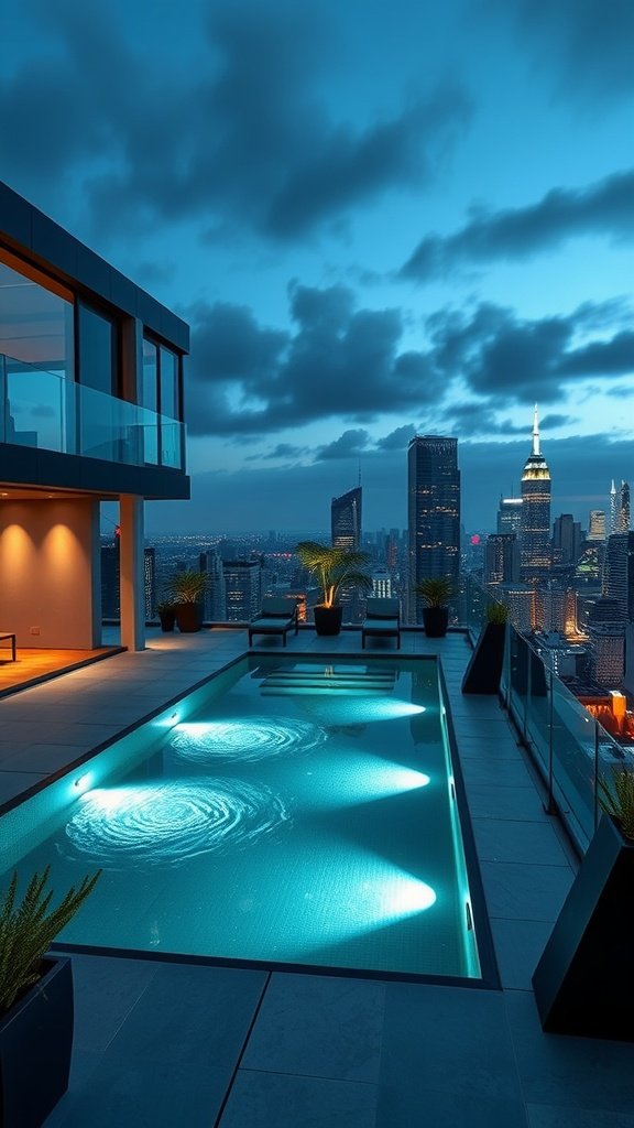 Rooftop pool overlooking a city skyline at dusk