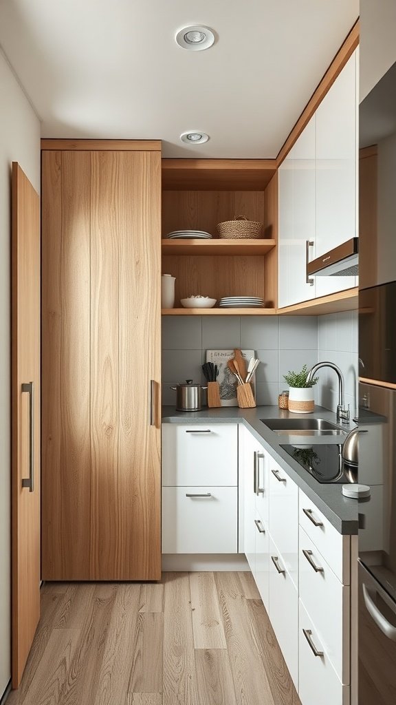 A tiny house kitchen featuring sliding cabinet doors and open shelving