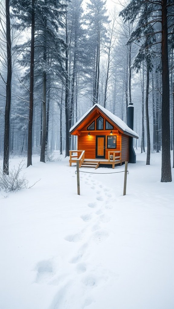 A small wooden cabin in a snowy forest with footprints leading to it
