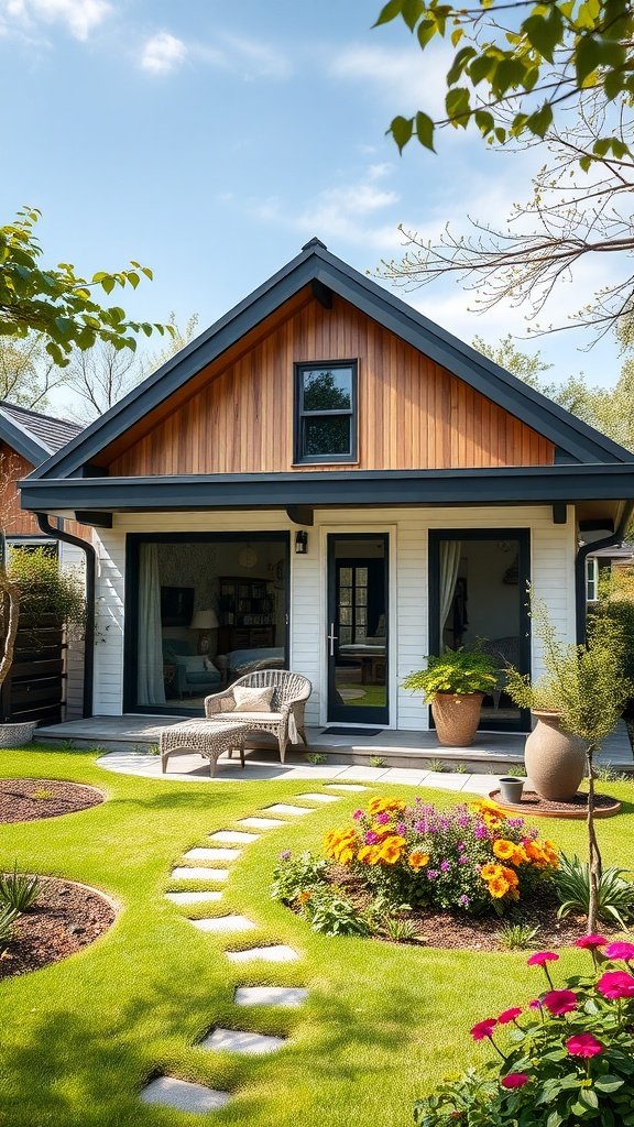 A cozy small house with a beautiful garden, featuring a wooden facade and a charming pathway.
